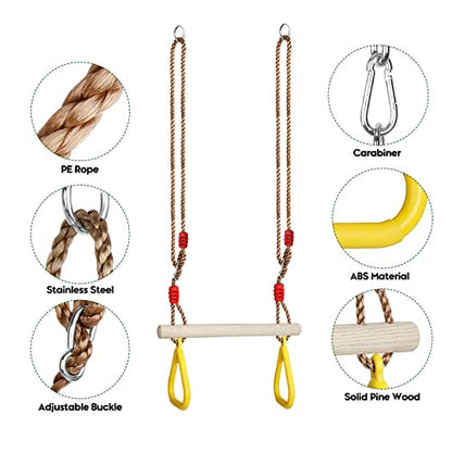 Trapeze Swing Bar with Rings, Wooden Trapeze Swing Bar for Indoor/Outdoor - color: Yellow
