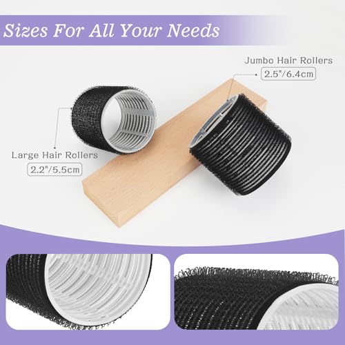 6Pcs 64mm Jumbo Hair Rollers & 6Pcs 55mm Large Hair Rollers, Large Rollers for Long Hair, Women with 12 Hair Clips, Storage Bag -Black