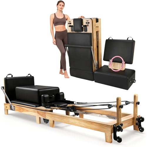 Drexo Pilates Reformer Machine, 95’’ Foldable Oak Wood Pilates Reformer, Quick-Assembly Studio-Grade Pilates Equipment with Reformer Heights, Reformer Accessories for Gym, Home, Ultral - color: Black