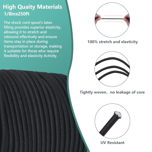 Shock Cord 1/8 inch,Black Nylon Elastic Rope,Bungee Rope,Bungee Cord Roll 250 ft-Bungee Shock Cord for Camping, Kayak,Decks for Repairing Tent Poles, DIY, Tie Downs - style: 1/8inx250ft Black