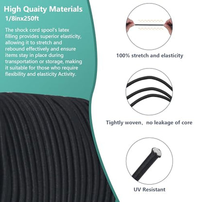 Shock Cord 1/8 inch,Black Nylon Elastic Rope,Bungee Rope,Bungee Cord Roll 250 ft-Bungee Shock Cord for Camping, Kayak,Decks for Repairing Tent Poles, DIY, Tie Downs - style: 1/8inx250ft Black
