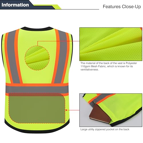 Gasoline Class 2 High Visibility Reflective Safety Vests Women & Men With 5 Pockets And Zipper Front,Meets Ansi/Isea - color: Yellow Black, size: 5X-Large