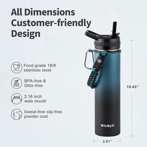 WixByti 24 oz Insulated Water Bottle with Straw, Stainless Steel Water Jug - color: Blue/Black Gradient, size: 24 Ounces