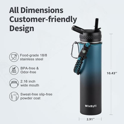 WixByti 24 oz Insulated Water Bottle with Straw, Stainless Steel Water Jug - color: Blue/Black Gradient, size: 24 Ounces