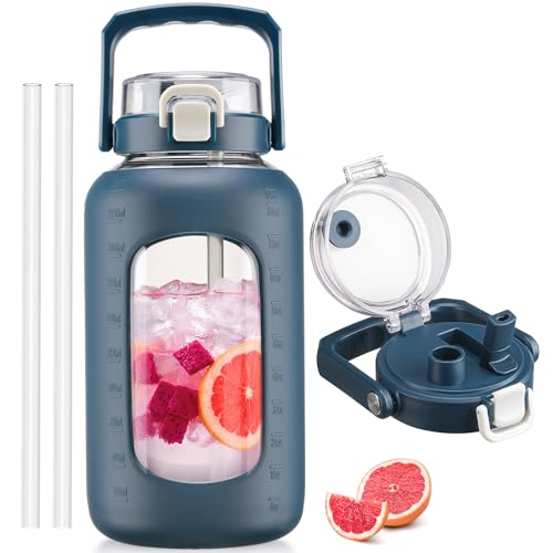 BLUEGO 84oz Glass Water Bottle with Straw and Handle, Large Water Bottle with Sip & Chug Lid, 2.5L Water Jug Silicone Sleeve with Time, Full Day Drinking Bottle for Sports BPA Free, Dark Blue - color: Dark Blue, size: 84 Ounces