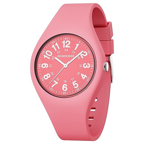 GOLDEN HOUR Waterproof Sports Analog Unisex Watches for Nurse Medical Professionals, Students - Military Time Glowing Easy to Read Dial, Jelly Silicone Strap - color: pink/pink