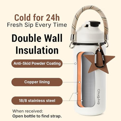 Cute Water Bottle with Strap, 40oz Insulated Stainless Steel Bottle for Girls, Travel & Daily Carry, Leak-Proof, Straw & Spout Lid, BPA-Free, Keeps Drinks Cold - color: Creamy Chill, size: 40 Ounces