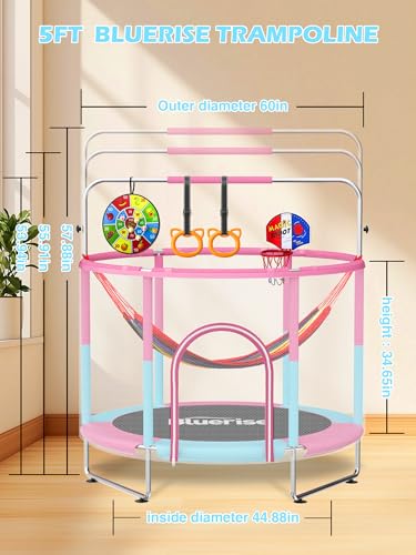 BLUERISE 60" Indoor&Outdoor with Enclosure 5FT Trampoline for Kids Gifts - color: Pink / Blue -2- 6-in-1