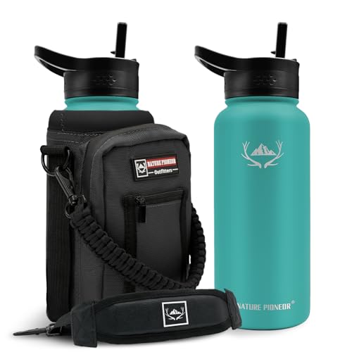NATURE PIONEOR 32 oz Insulated Water Bottle with Carrier Bag & 3 Lids - color: Pine Green, size: 32 Ounces