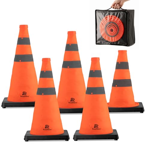 RoadHero 5 Pack 18 Inch Collapsible Traffic Cones with Black Base - size: 18 Inch