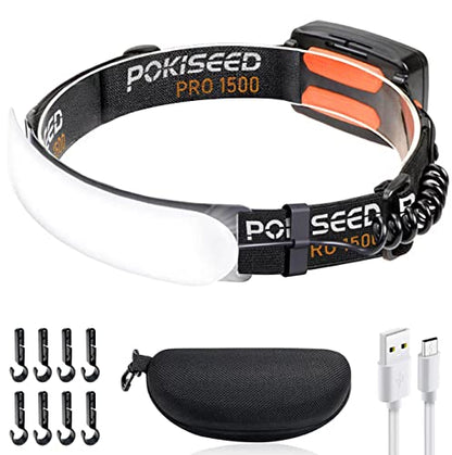 LED Headlamp Rechargeable, Super Bright 1500 Lumens 230° Wide Beam Headlamp, 3 Modes IPX6 Waterproof Lightweight Head Light with Taillight & Clips for Camping, Running,Fishing, Outdoors, Hard Hat Work