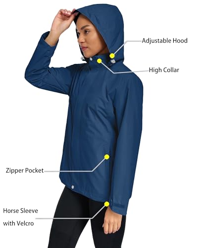 Women Waterproof Hooded Rain Jacket Lightweight Packable Trench Raincoat - color: Dark Blue, size: Small