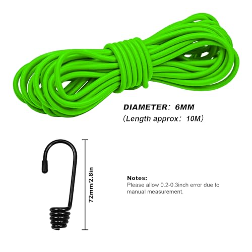 1/8" Bungee Shock Cords with Hooks,65 Feet Elastic Nylon Cords Kayak Stretch String Rope for Bikes,Tie Downs,Boating,Camping,Sunshades,Fitness and Outdoor Enthusiasts (1/4 inch x 32 Ft, Neon Green) - size: 1/4 inch x 32 Ft, Neon Green