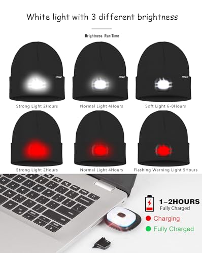 ATNKE LED Lighted Beanie Hat,USB Rechargeable 8 LED Red Glow Flashing Alarm Running Headlamp Cap Gifts for Men and Women - color: #Black