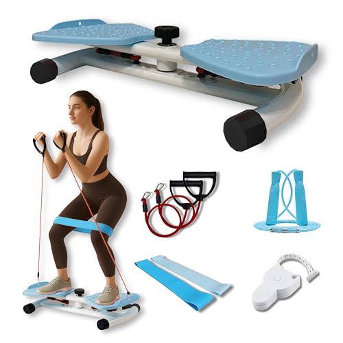 Ultra-Quiet Waist Twisting Exercise Bundle - Ab Twister Board With 2 Resistance Bands, 1 Length Adjustable Jump Rope, an Automatic Waist Measuring Tool and Workout Guide - Made with ABS/PP Plastic Foot Pedals and a Steel Base - High Durability - Workout B