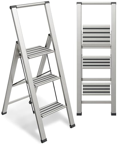 Step Ladder 3 Step Folding, Decorative - Modern Beautiful Aluminum, Lightweight, Ultra Slim Profile, Anti Slip Steps, Sturdy-Portable for Home, Office, Kitchen, Photography Use,By SORFEY - color: Aluminum, size: 3-Step