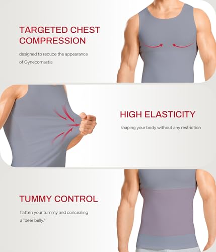 Nebility Shapewear Mens Compression Shirt - Slimming Body Shaper Vest Sleeveless Undershirts Workout Tank Tops - color: Grey, size: Large