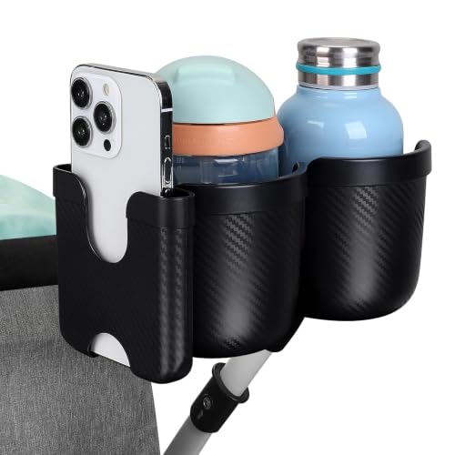 Accmor Stroller Cup Holder with Phone Holder, Bike Cup Holder, Universal Cup Holder for Uppababy Nuna Strollers, 2-in-1 Drinks Holder for Walker, Wheelchair, Scooter - color: Double Holder-All Black Texture