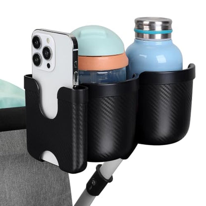 Accmor Stroller Cup Holder with Phone Holder, Bike Cup Holder, Universal Cup Holder for Uppababy Nuna Strollers, 2-in-1 Drinks Holder for Walker, Wheelchair, Scooter - color: Double Holder-All Black Texture