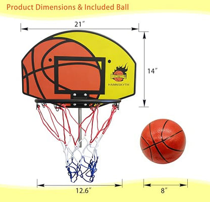 Trampoline Basketball Hoop, Fits Most Straight & Curved Poles, with Stainless Steel Angle-Adjustable Mounting Base, Includes Mini Basketball & Pump (with Clamp, 21 * 14inch)