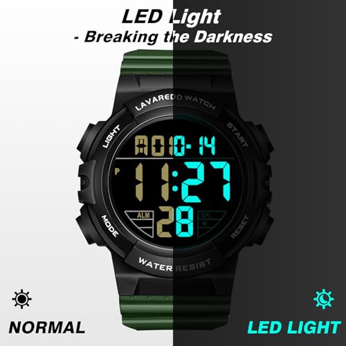 Mens Digital Watch, Sport Military Watch for Men, LED Large Face - color: 11-G-GreenBlack