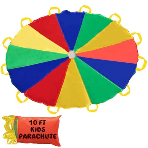 Sonyabecca Parachute 10 Feet for Kids with 12 Handles Play Parachute for 8 12 Kids Tent Cooperative Games Birthday, Suitable for School, Outdoor, Summer Camp (10 Feet) - size: 10FT with 12 Handles