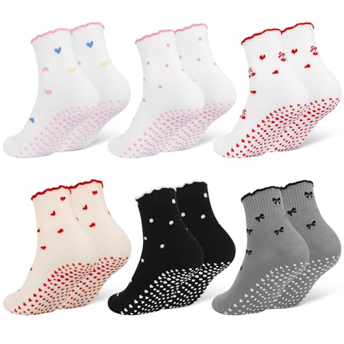 Cute Pilates Socks with Grips for Women Cotton Ruffle Yoga Sock - color: Red+pink+black+grey