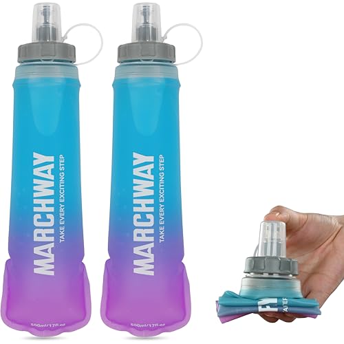 MARCHWAY Soft Hydration Flask with Wide Mouth, 300ml/500ml Collapsible TPU Water Bottle, Leakproof Portable Flexible for Running, Hiking, Cycling, Climbing, Gym, Travel (2pcs Blue-Purple 300ml) - color: Blue Purple, size: 300ML