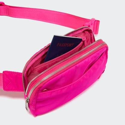 Pander Nylon Fanny Pack Belt Bag for Women with 5 Zipper Pockets - color: Sonic Pink