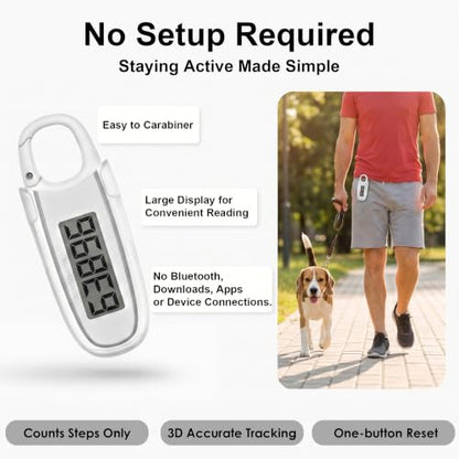 3D Pedometer for Walking, Simple Step Counter with Clip & Carabiner - color: White