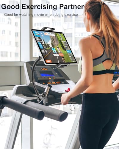 Gooseneck Spin Bike Tablet Holder [Large Clamp] [Thick Case Friendly] Treadmill Tablet Mount for Exercise Bike, Stationary Bicycle, Stroller, Wheelchair for iPad Pro Air Mini, Galaxy, iPhone (6-15.6”)