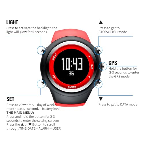 EZON GPS Running Watch with Distance Pace Alarm and Calorie Counter and Stopwatch for Men (Red) - color: Red