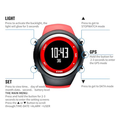 EZON GPS Running Watch with Distance Pace Alarm and Calorie Counter and Stopwatch for Men (Red) - color: Red