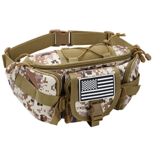 Hiking Waist Packs, Tactical Fanny Pack for Men Women, Waist Bag Hip Belt Bag Crossbody with 5 Zipper Pockets, Travel Outdoor Hiking Fishing Bumbag with Patch - Desert Digital Camo - color: Desert Digital Camo