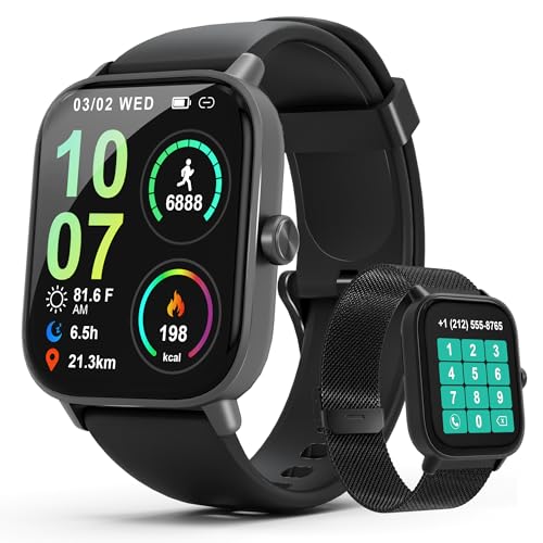 Smart Watch for Men & Women Android & iPhone, 1.83" HD Touchscreen, 24/7 Heart Rate, Sleep & Fitness Tracker, Answer/Make Calls/100+ Sports Modes/Message Reminder, IP68 Waterproof, Pedometer, 2 Bands - color: Black