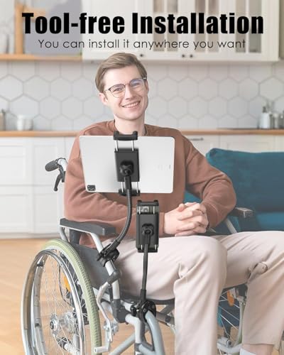 Tablet Holder for Wheelchair Arm [Pro Version] Long Arm Gooseneck Electric Wheelchair Tablet Mount Clamp for iPad Pro12.9 11 Air Mini, Galaxy Tab, iPhone, 4-13" Device