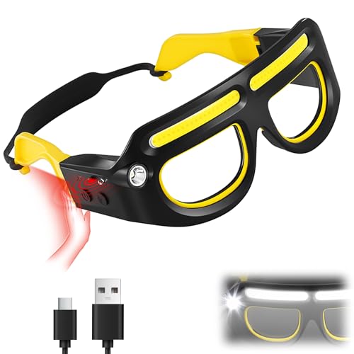 LED Rechargeable Headlight Glasses with Motion Sensor & Touch Control 5 Modes USB C Light Up Glasses Lighted Eyewear - color: Yellow-1