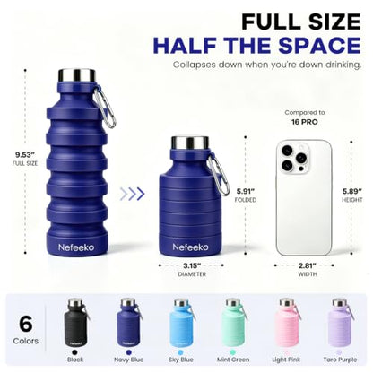 Nefeeko Collapsible Water Bottle, 27oz Reuseable BPA Free Silicone Foldable Water Bottles for Travel Gym Camping Hiking, Portable Leak Proof Sports Water Bottle with Carabiner - color: Navy Blue-27oz