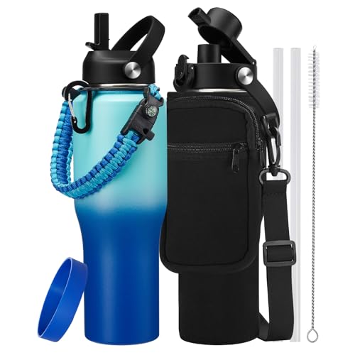 32oz Water Bottle with Flip Straw - Auto Spout Lid for Driving Sport Work - color: Caribbean Blue, size: 32 Ounces