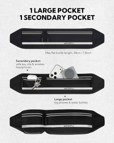 WATERFLY Running Belt Fanny Pack No-Bounce Large Phone Holder for Men Women - color: Black, size: Medium