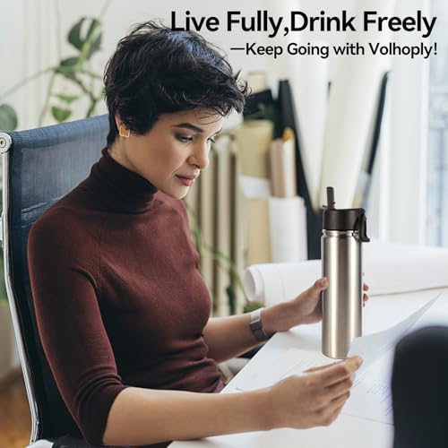 Volhoply Insulated Water Bottles with Straw Bulk 2 Pack, 22 oz Stainless Steel Sports Bottle with Handle Lid, Double Walled Vacuum Metal Cups Cup, Reusable Cold Water Flask for Hiking(Silver,2 Set) - color: Silver