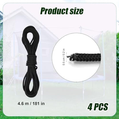 lasuroa 4 Pcs Trampoline Netting Cords, 15ft Each Black Trampoline Netting Cords Replacement Parts for Fence Netting Safety Trampoline Netting Cords Fits 12-16ft Trampolines