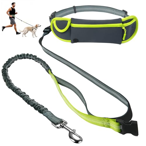 Hands Free Dog Leash with Zipper Pouch, Waist Leash for Dog Walking, Running and Hiking, Adjustable Belt with Handle, Reflective Bungee Design for Large & Medium Dogs