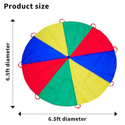 Parachute 13ft/ 16.4ft/ 20ft - Kids Play Gymnastics Parachute with Handles for Group Team Cooperative Games,Indoor Outdoor Gym Class Rainbow Parachute Birthday Church VBS Activity Supplies - size: 6.5ft