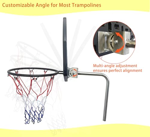 Trampoline Basketball Hoop, Fits Most Straight & Curved Poles, with Stainless Steel Angle-Adjustable Mounting Base, Includes Mini Basketball & Pump (with Clamp, 21 * 14inch)