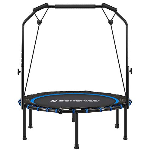 SONGMICS 40 Inches Mini Fitness Trampoline, Fitness Rebounder with Adjustable Handrail, Foldable Trampoline for At-Home Workout, Max. Load 264.6 lb - color: Blue + Black