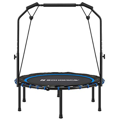 SONGMICS 40 Inches Mini Fitness Trampoline, Fitness Rebounder with Adjustable Handrail, Foldable Trampoline for At-Home Workout, Max. Load 264.6 lb - color: Blue + Black