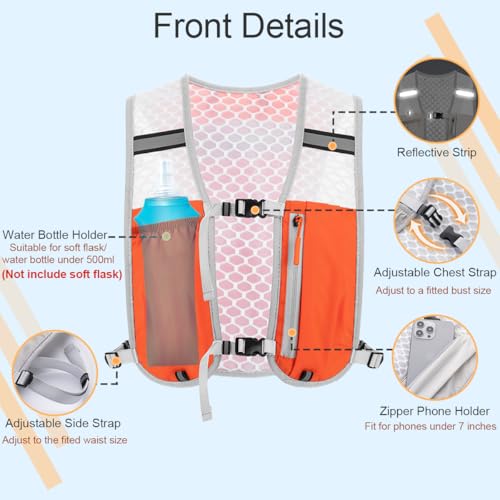 Running Vest Hydration Backpack for Men Women, Lightweight Breathable Hydration Packs, Adjustable Chest Straps Daypack, Reflective Water Running Vest for Marathon, Trail, Hiking, Cycling - color: Orange