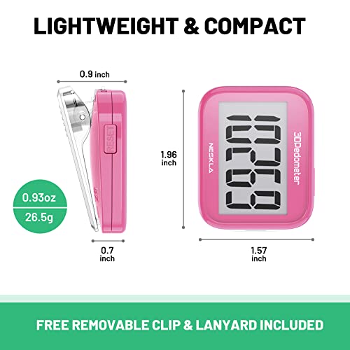 NESKLA 3D Pedometer, Simple Step Counter with Large LCD Display for Walking - color: Pink