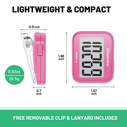 NESKLA 3D Pedometer, Simple Step Counter with Large LCD Display for Walking - color: Pink